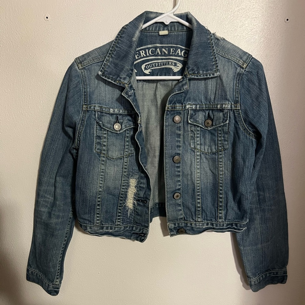 AMERICAN‎ EAGLE Classic Casual Distressed Denim Jacket Medium Wash Girl's Size M